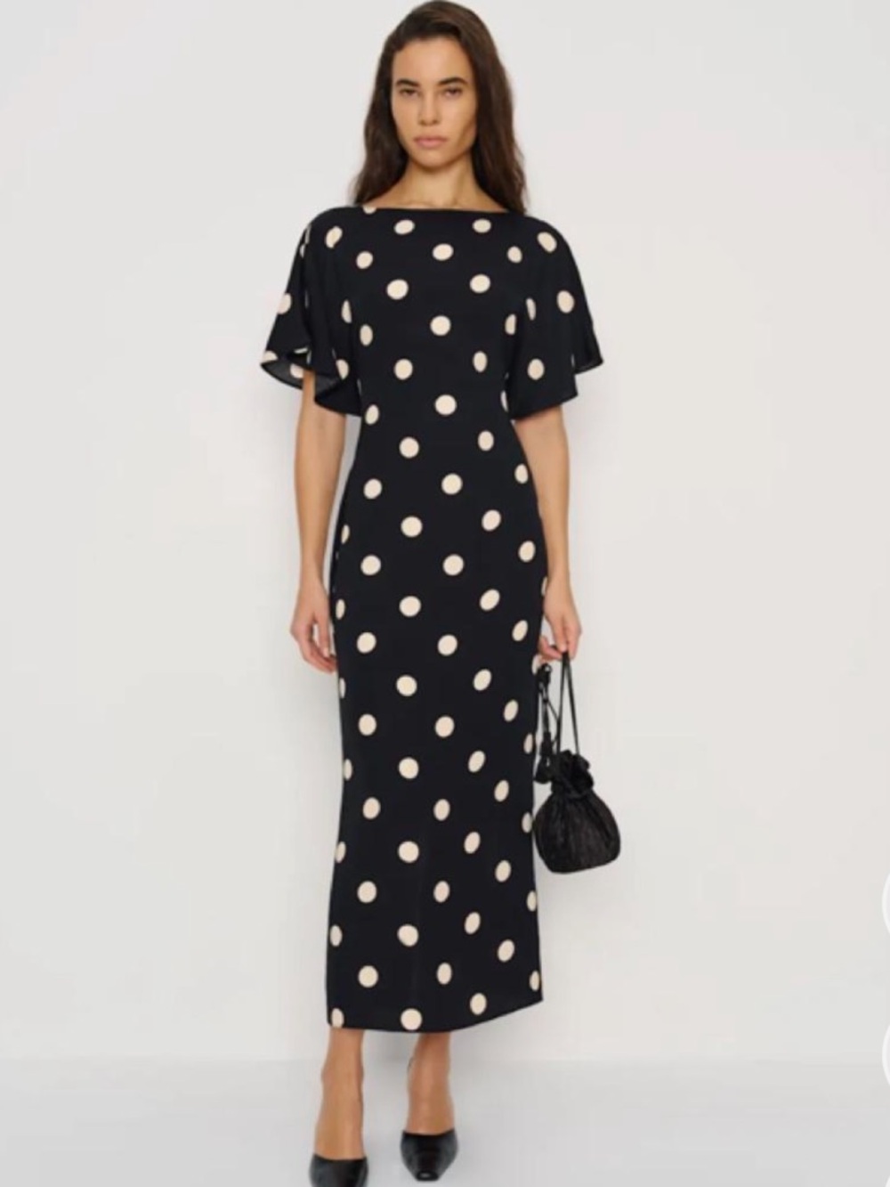 Reformation Black and Cream Polka Dot Midi Dress